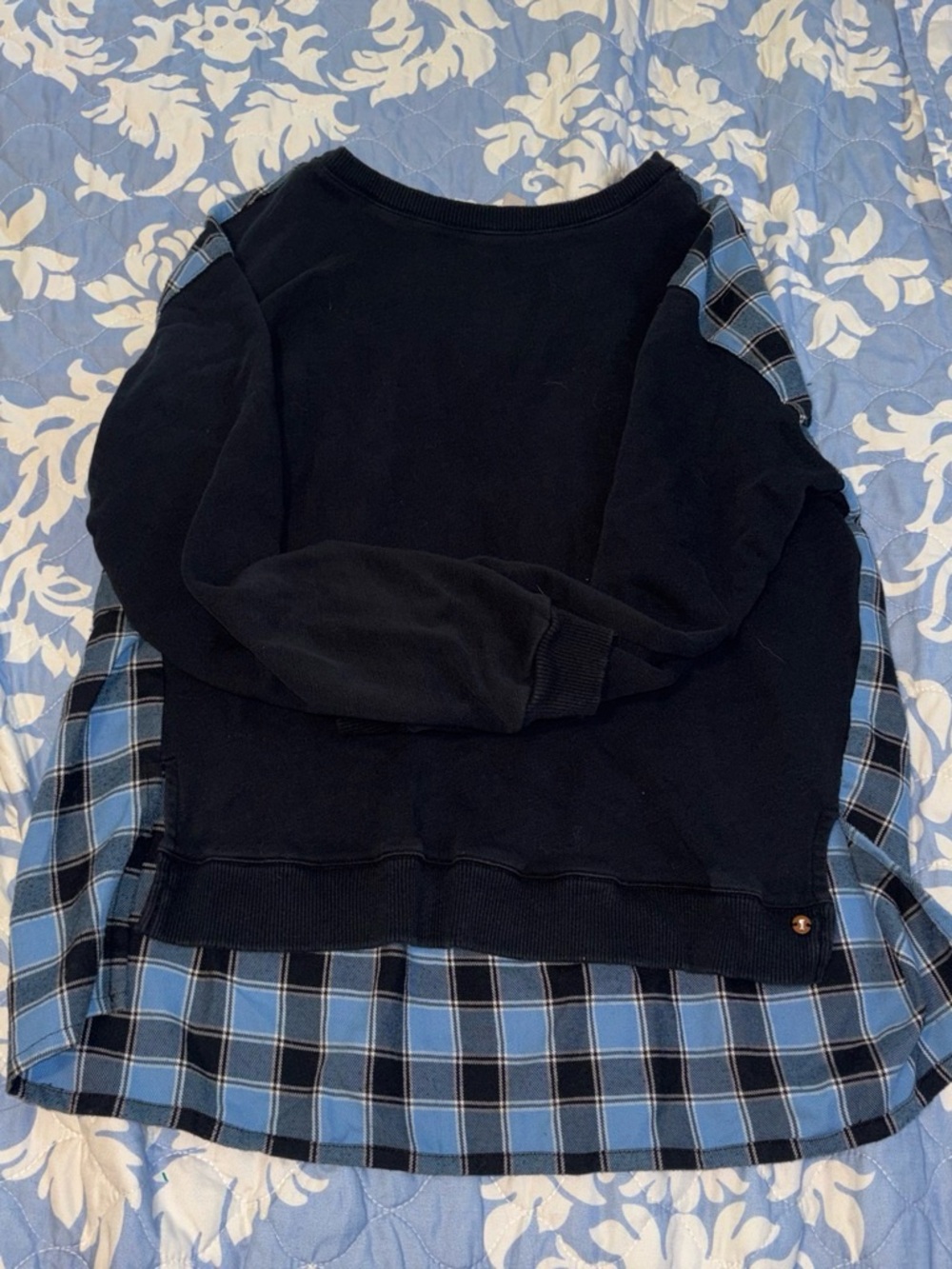 Pilcro Black Sweatshirt with Blue Plaid Trim